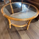 Vintage rattan and glass coffee table