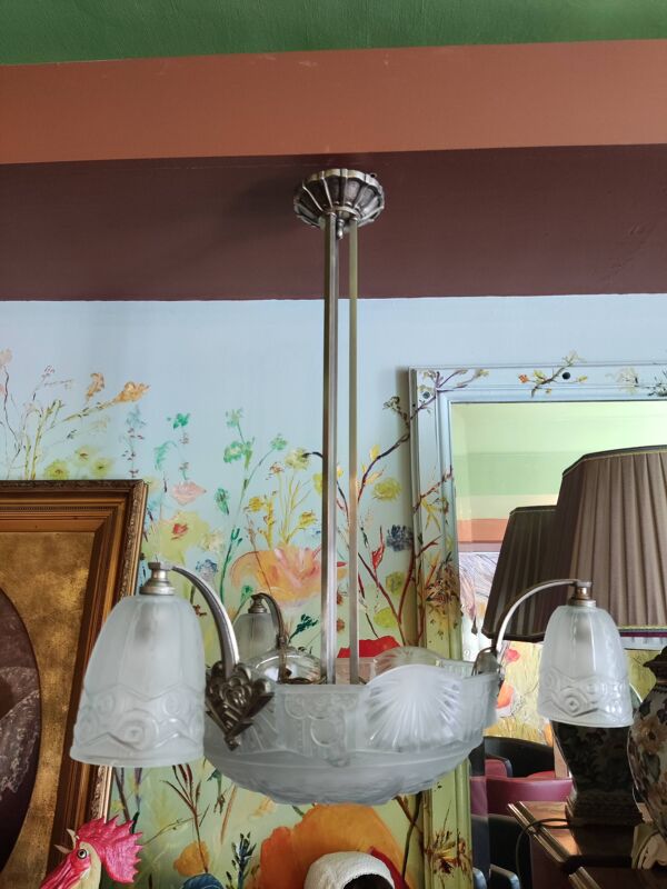 Lustre en verre givré art déco signé frères Muller