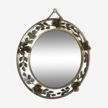 Round gilded metal mirror, crown of roses