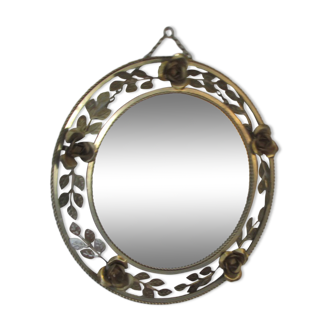 Miroir en métal doré rond, couronne de roses