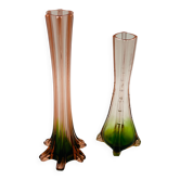 Paire de soliflores vintage en verre rose et vert