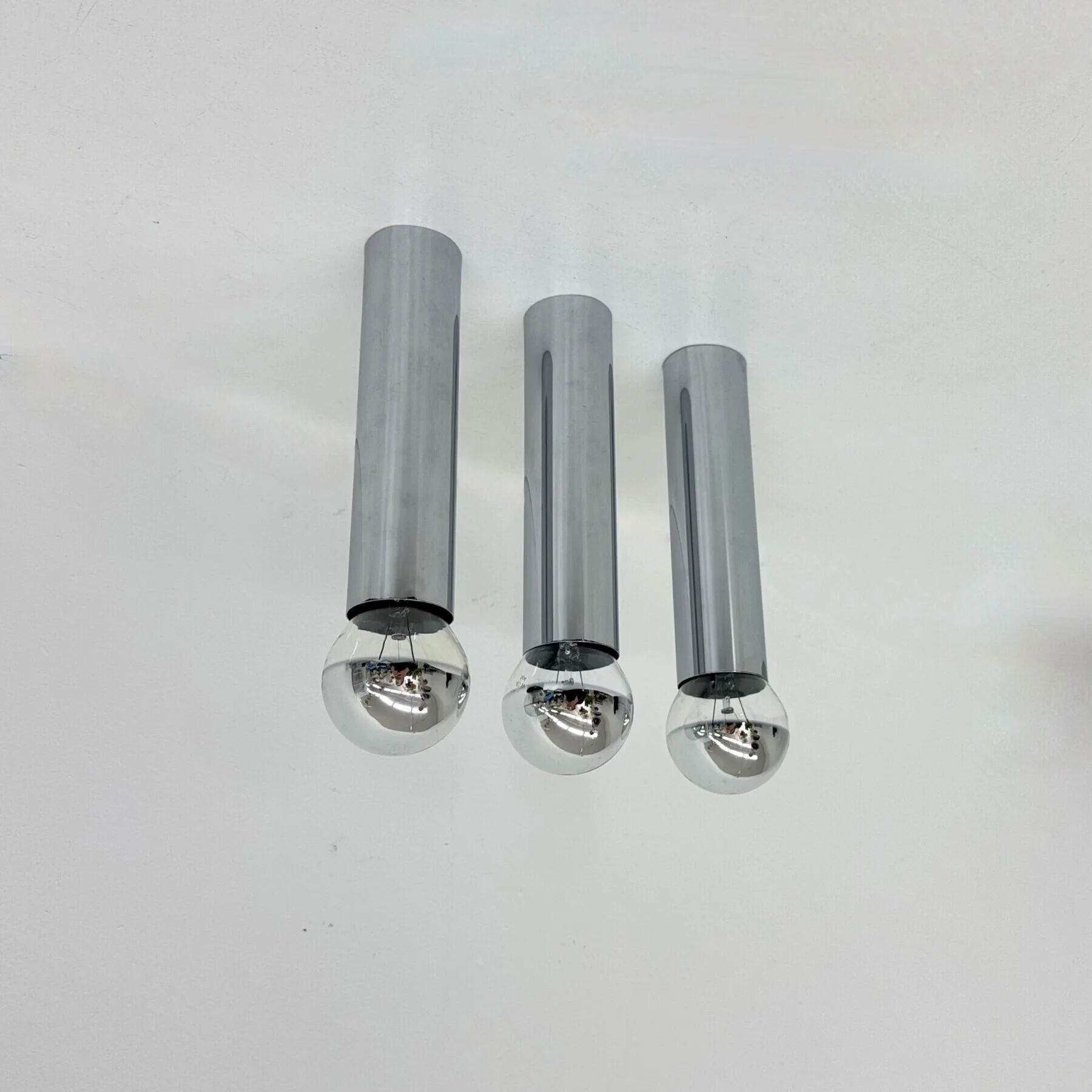 Set of 3 minimalist chrome tube ceiling / wall lamps, 1970s