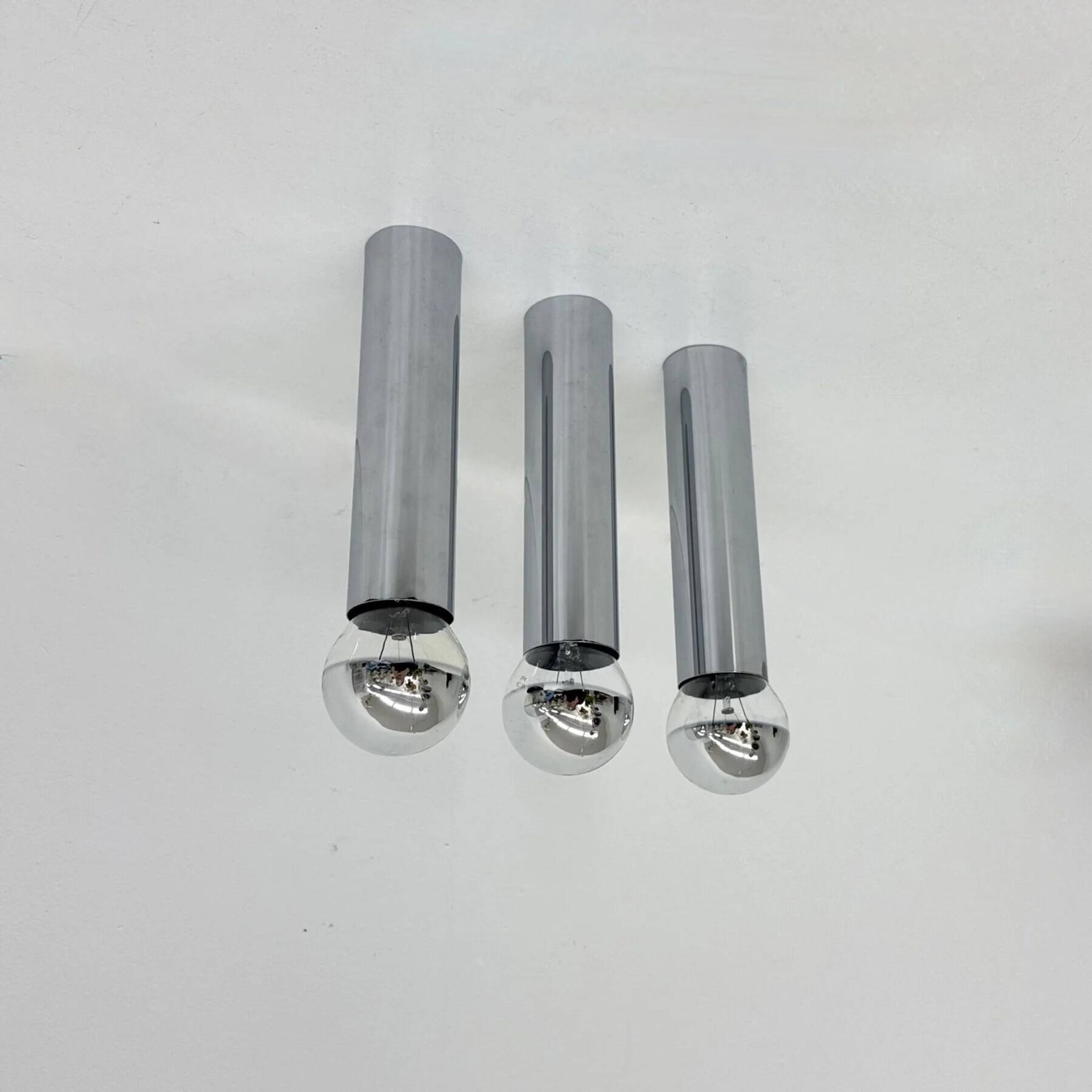 Set of 3 minimalist chrome tube ceiling / wall lamps, 1970s