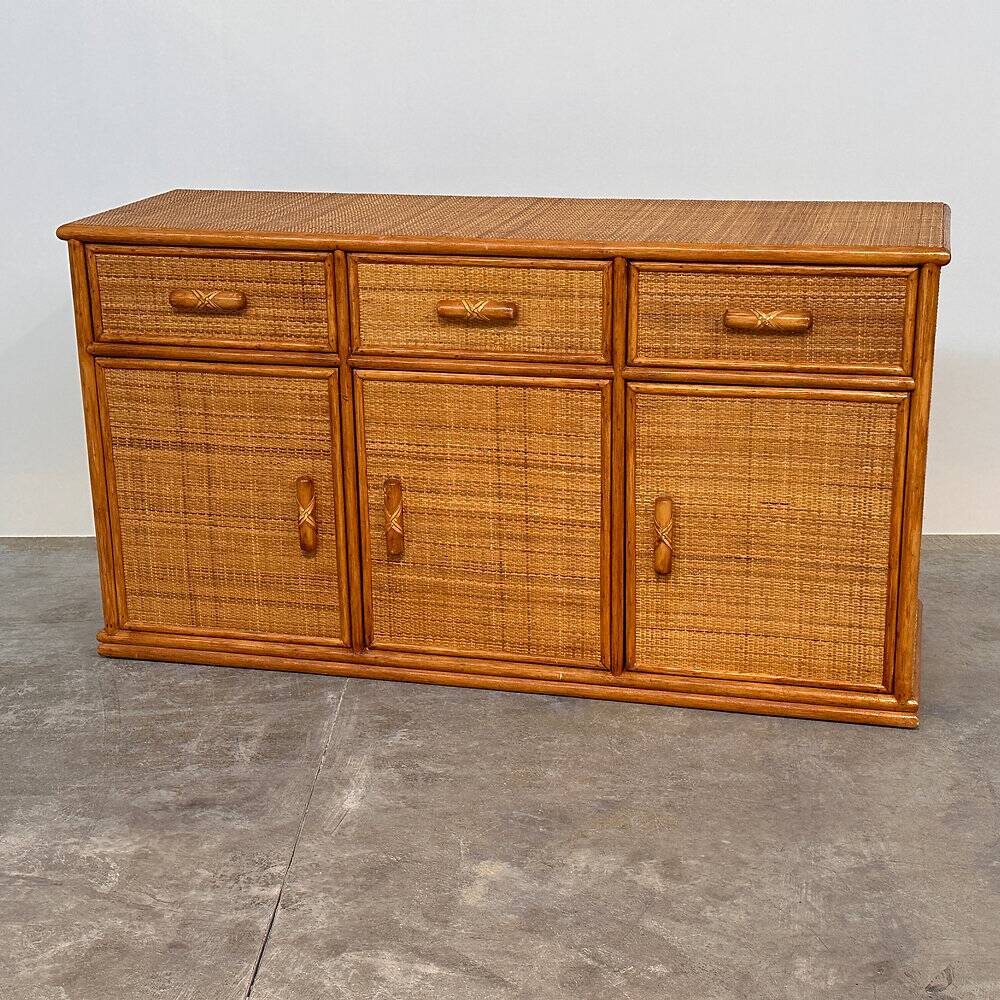 Vintage rattan & bamboo sideboard / credenza, 1970s