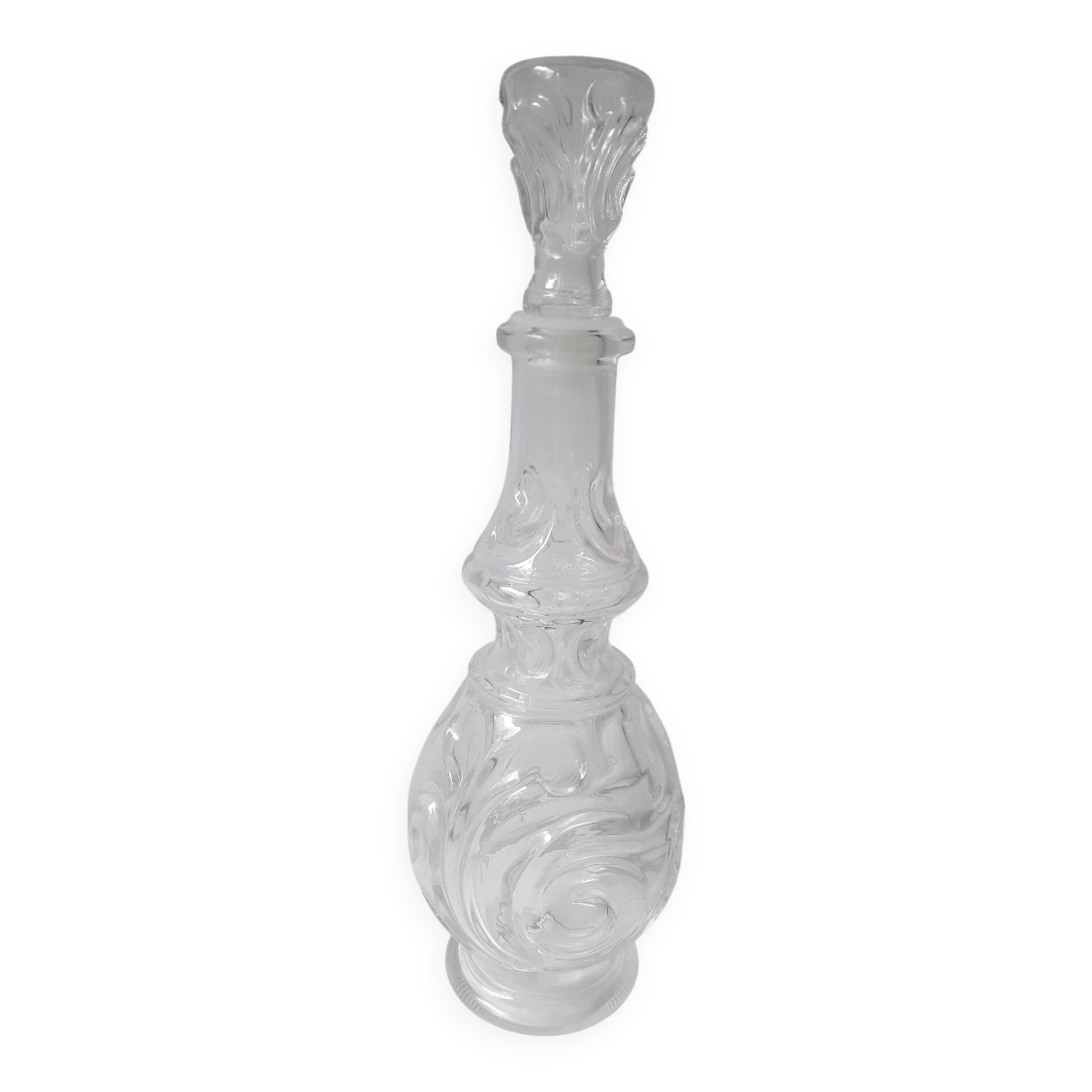 Ancienne carafe en verre structuré moulé + bouchon (année 60)