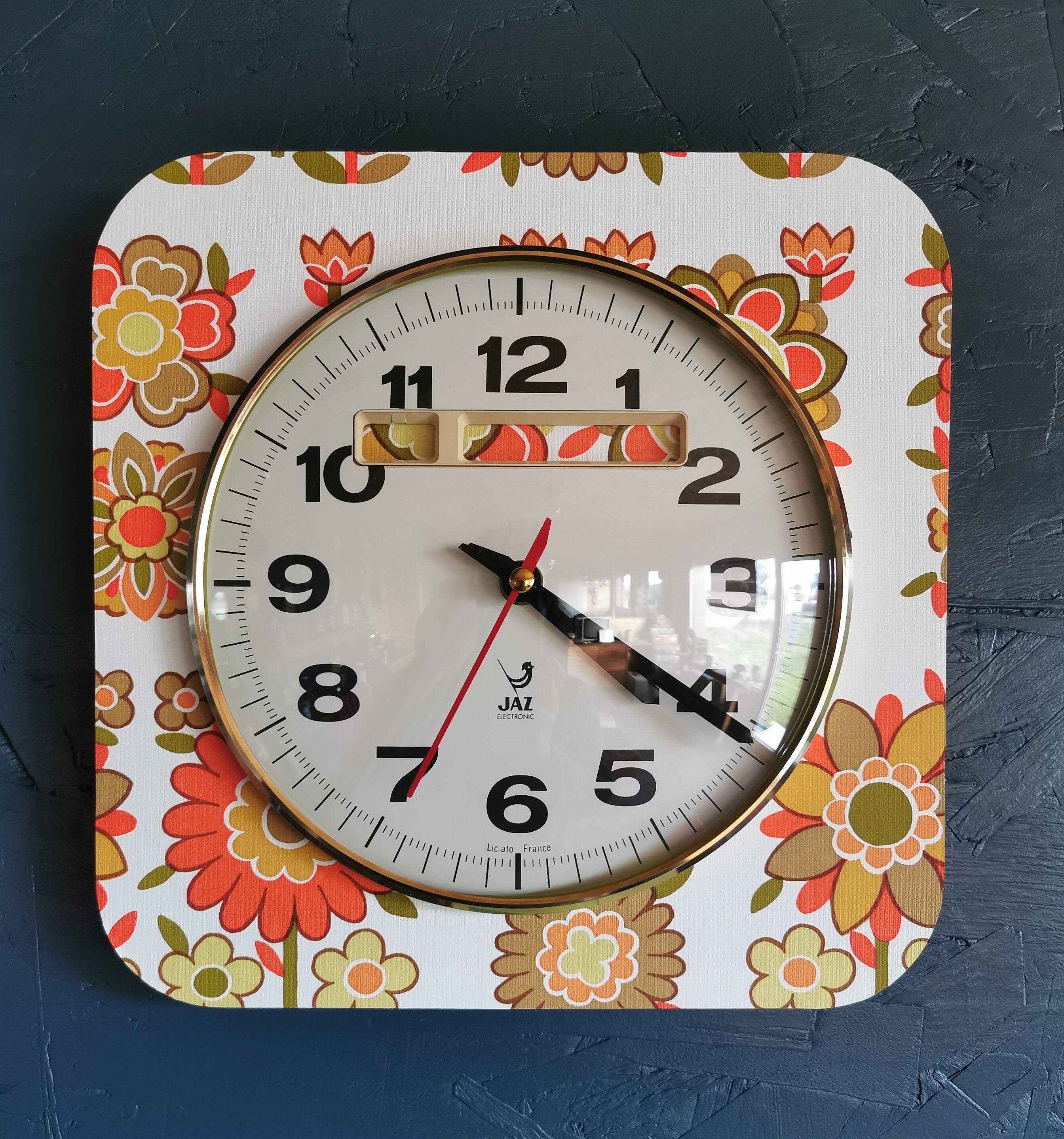 Vintage formica clock square silent wall pendulum "Jaz orange flowers"