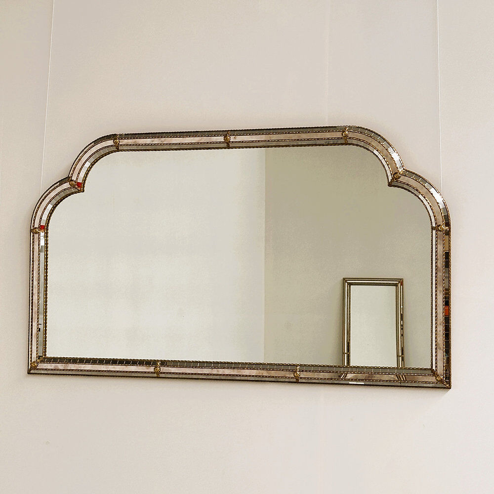 Large Spanish gilt brass & smoked mirror decorative wall mirror, 1980s
