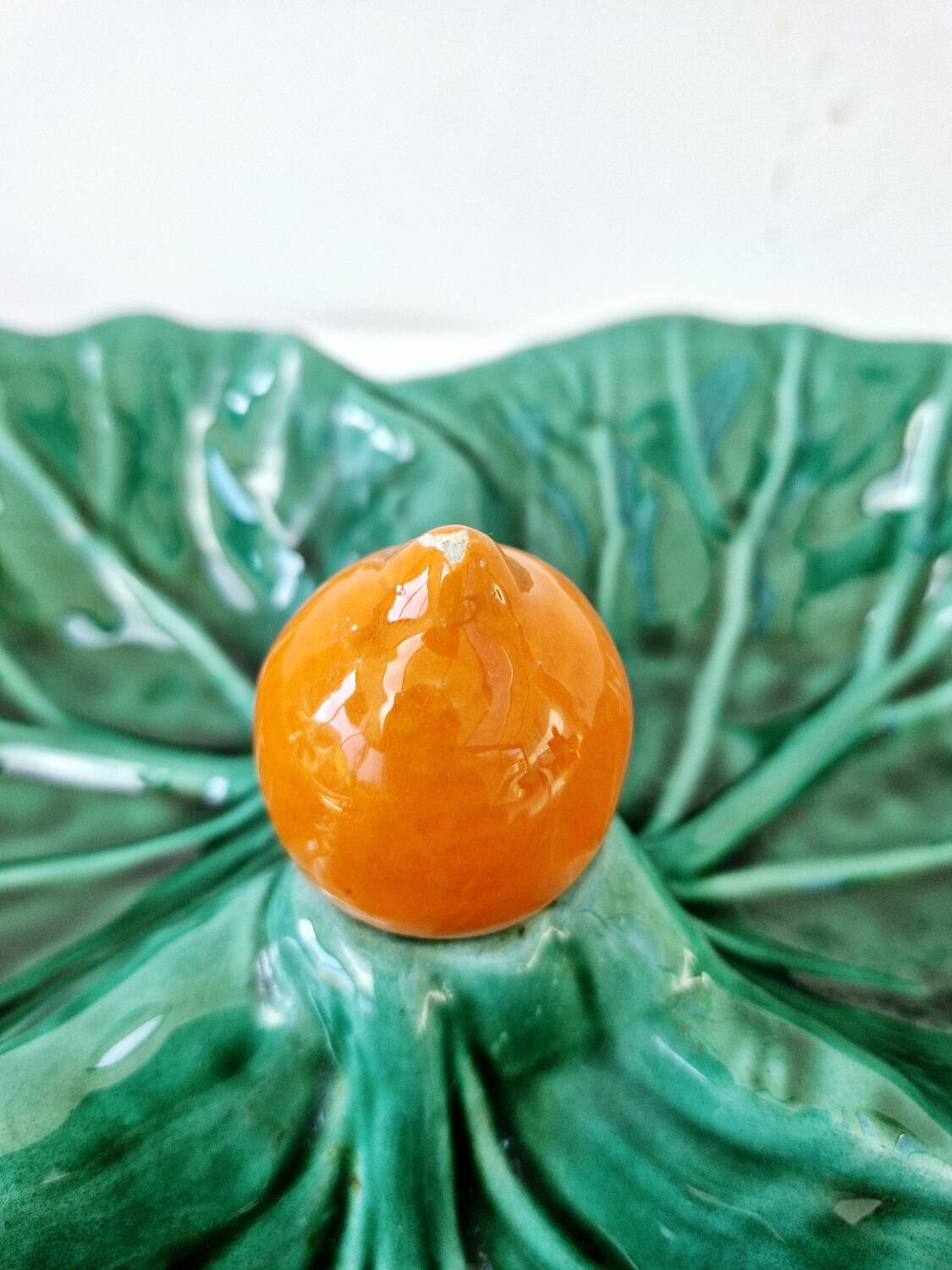 Vintage compartmentalized ceramic serving dish cabbage leaf shape Vallauris style