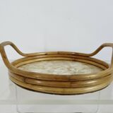 Plateau rond en bambou et nacre Capiz des Philippines, made in Italy, 1970