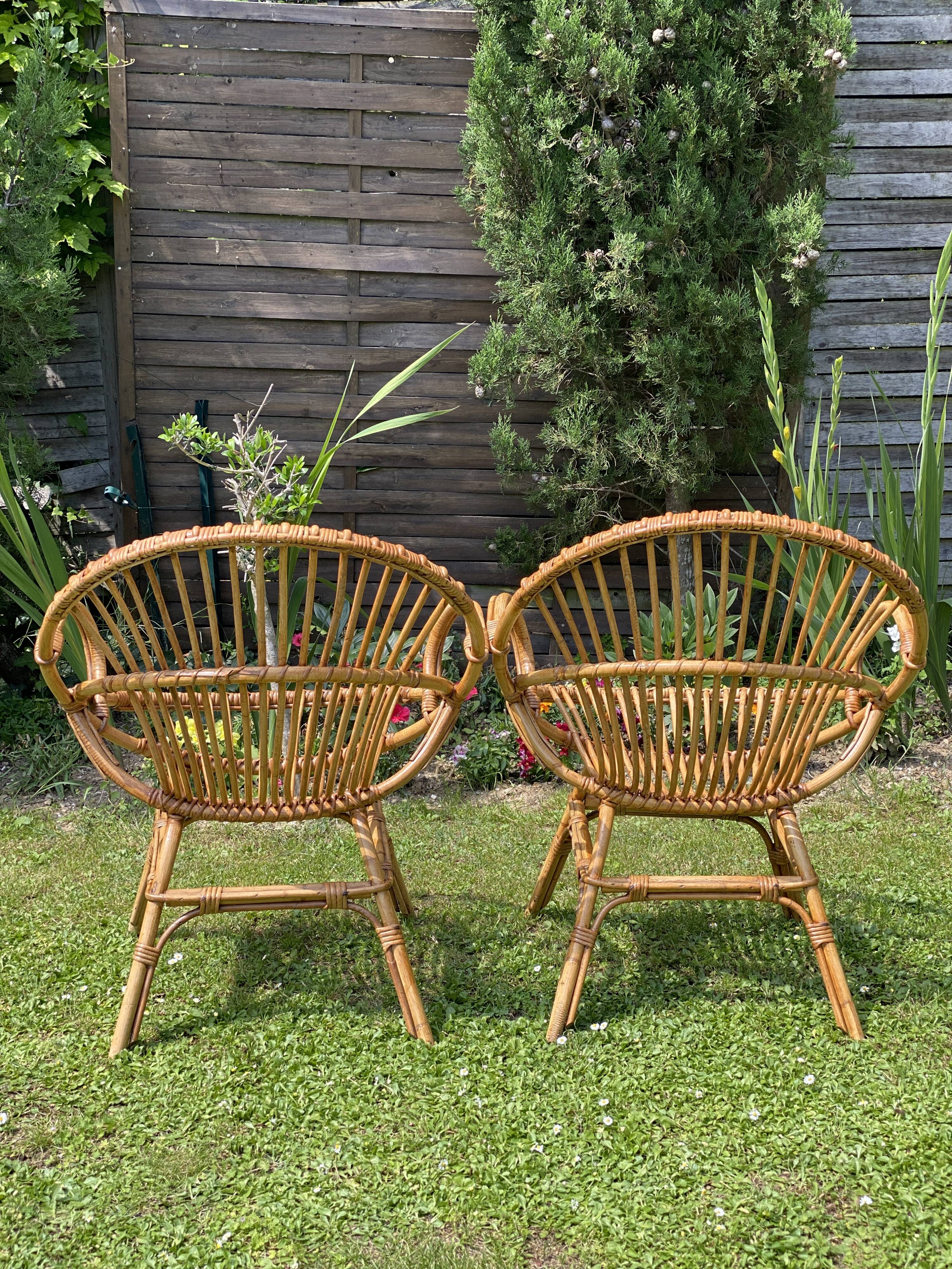 Paire de fauteuils rotin corbeille vintage
