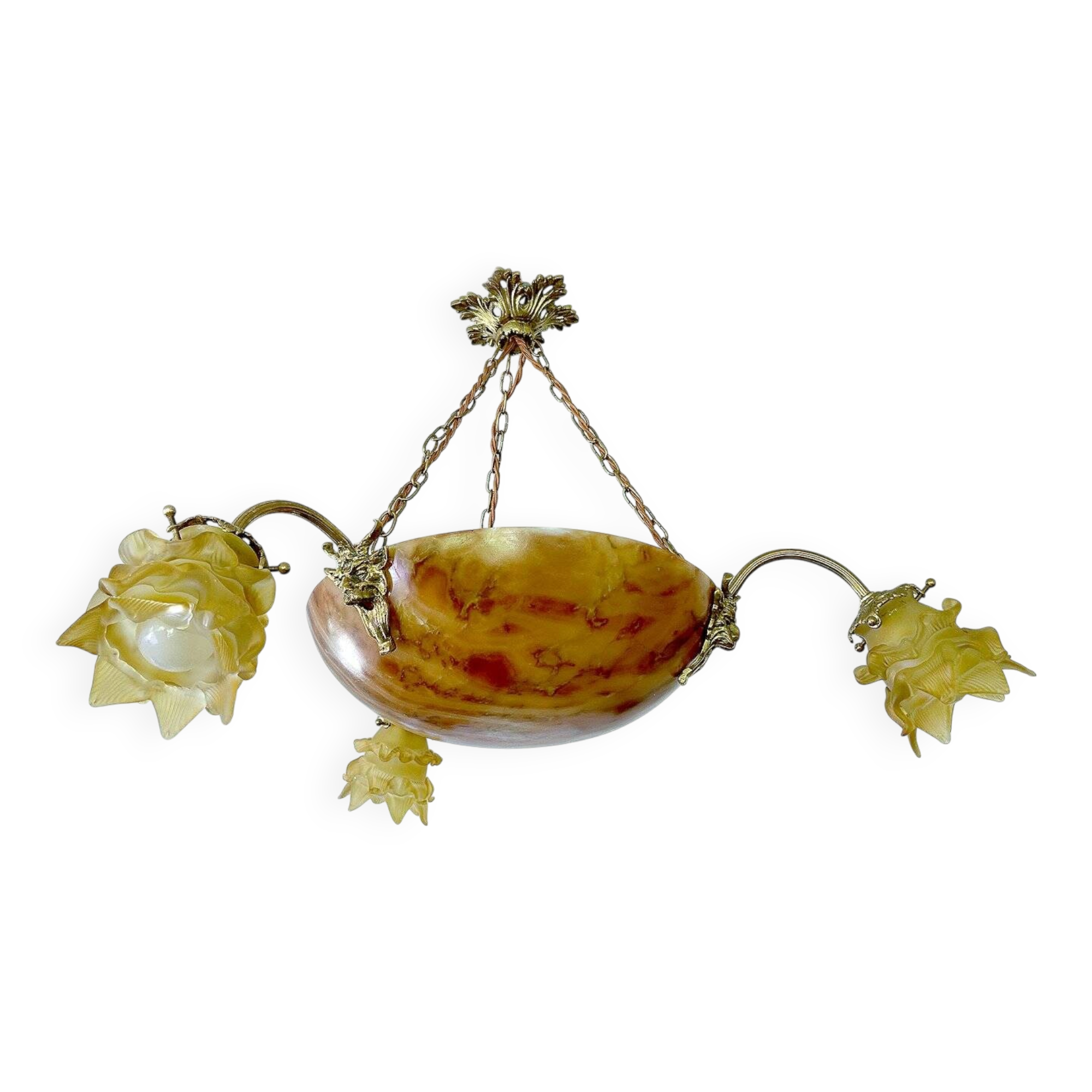 Art Deco pendant light in alabaster marble and bronze, 1930s