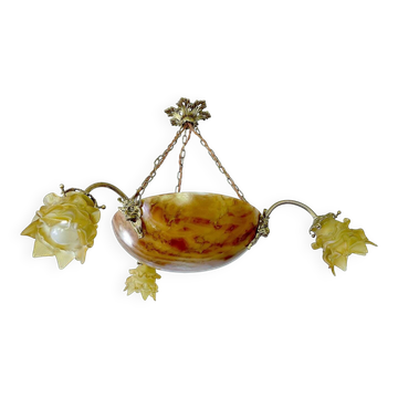 Art Deco pendant light in alabaster marble and bronze, 1930s