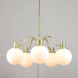 Italian Mid century Modern Chandelier in Brass and Opaline Glass, 1960s