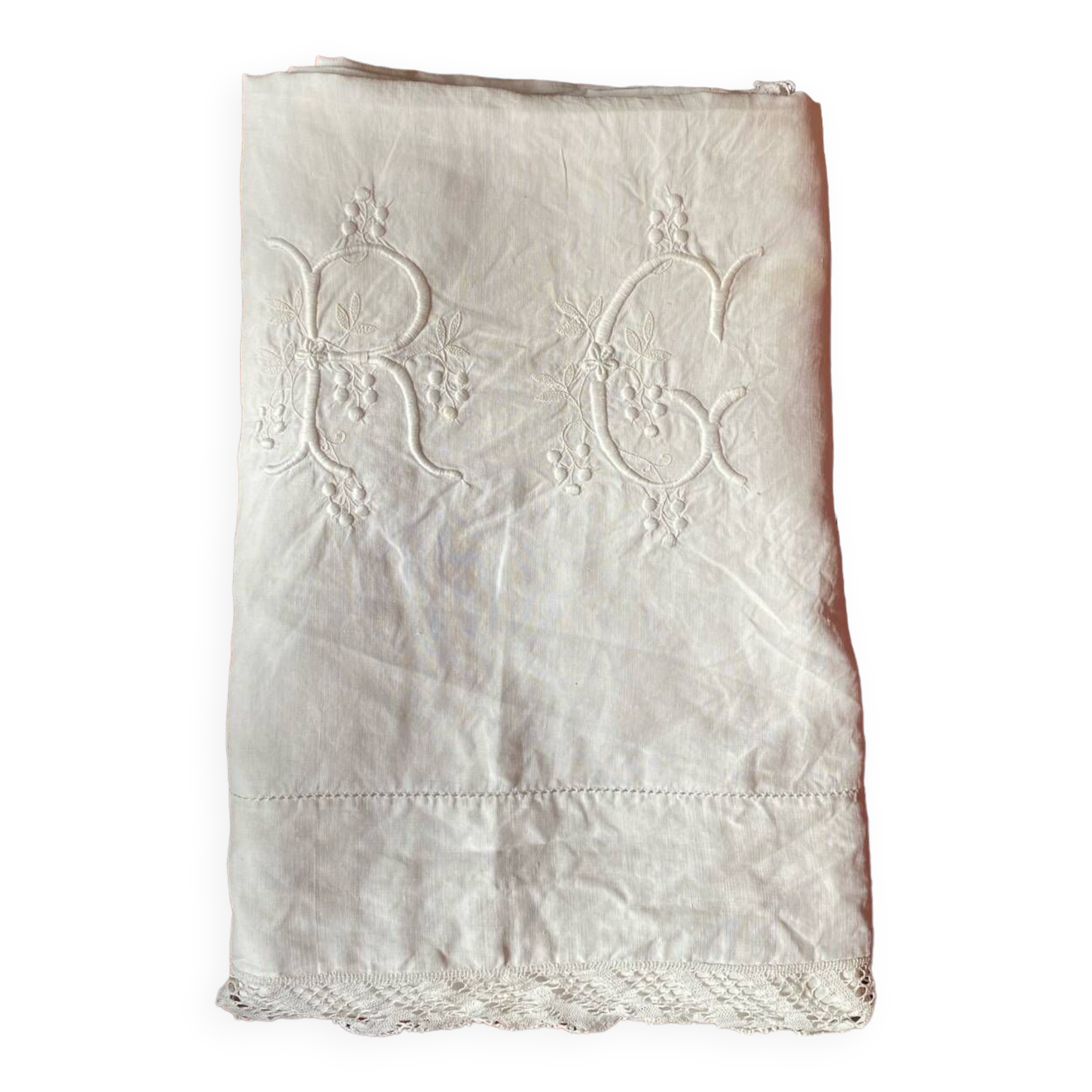 Monogram linen sheet, late 19th century.