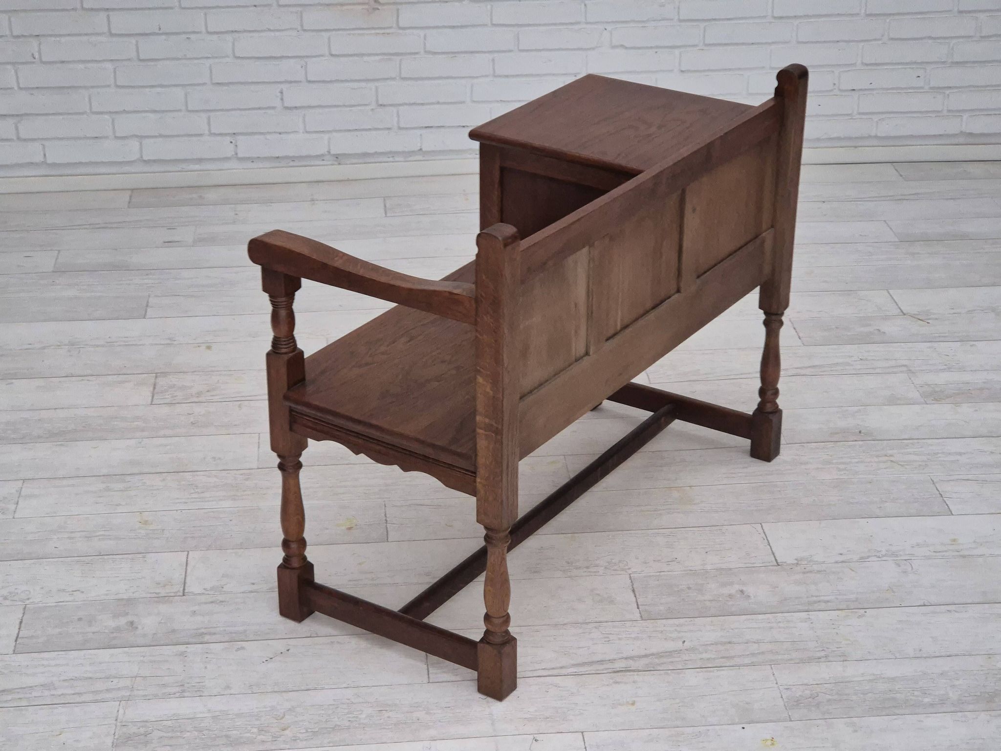 1960s, Danish bench, dark solid oak wood, plywood.