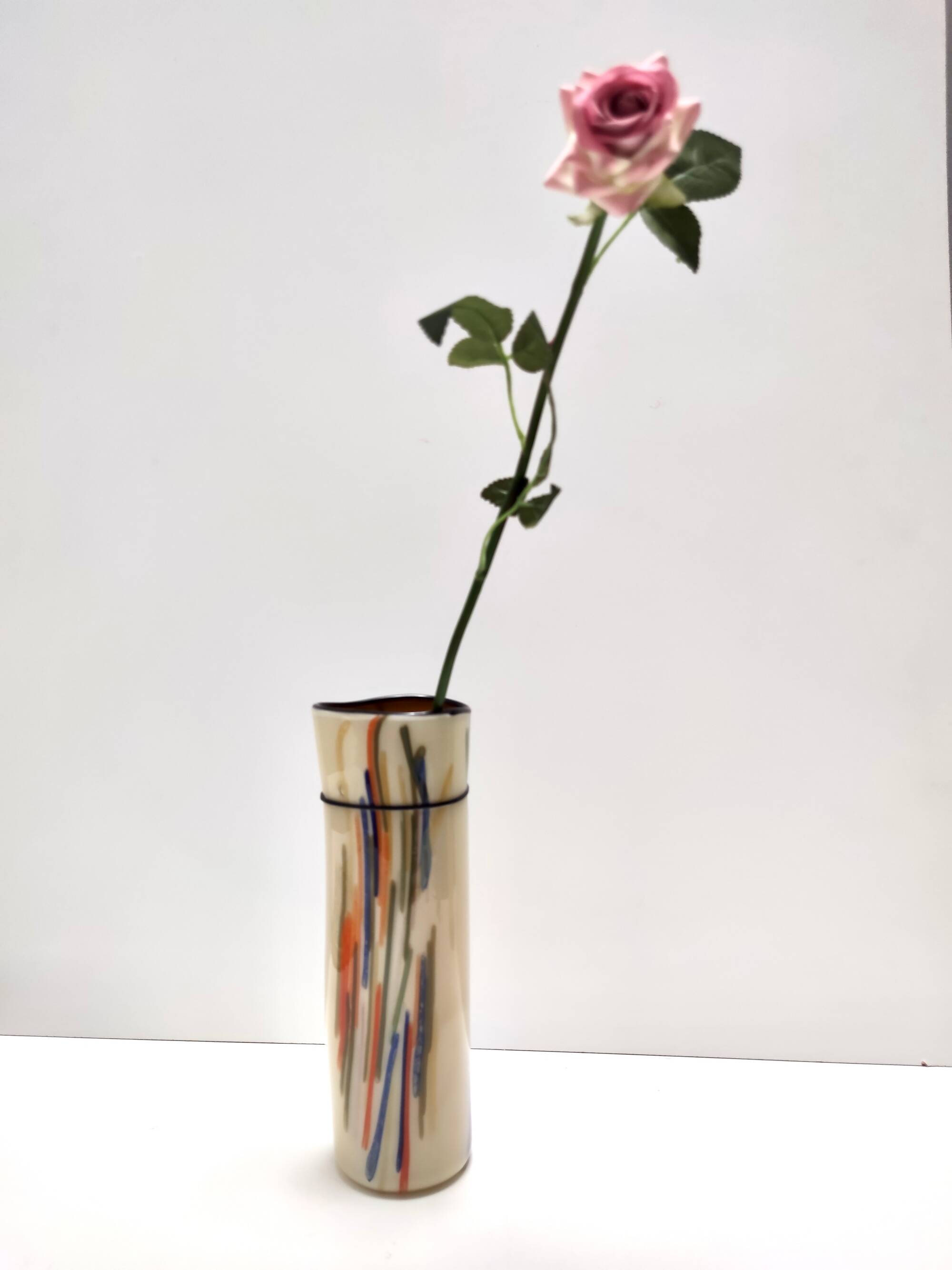 Beige Cylindric Encased and Hand-blown Opaline Glass Vase, Italy