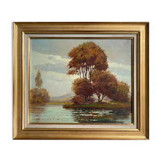 HST painting "River landscape" signed Normand + frame