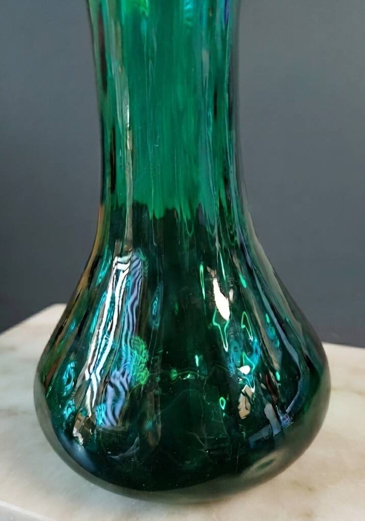 Textured glass vase and carafe duo in blown green glass, Biot style, 1960s.