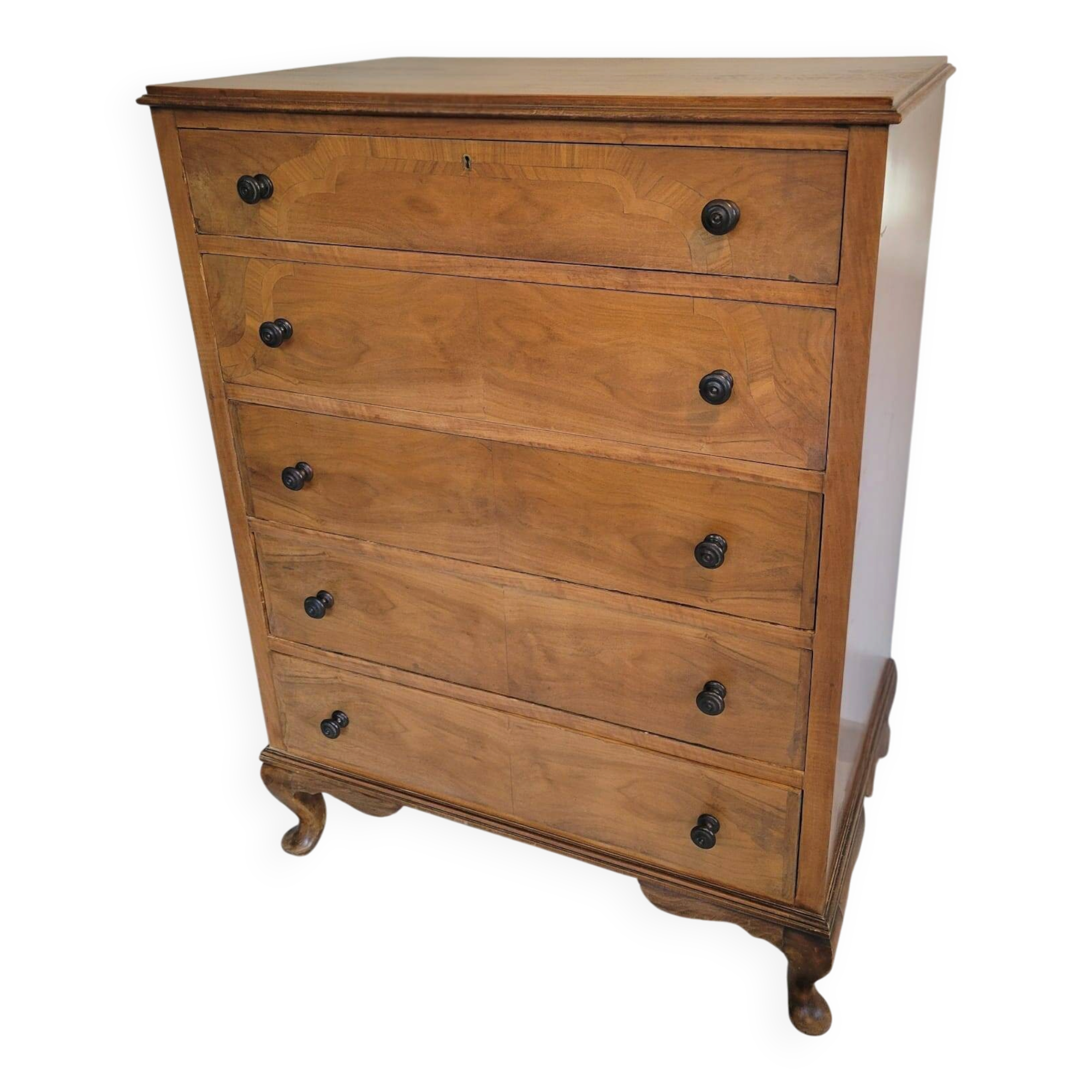 Commode anglaise haute 5 tiroirs marqueterie en ronce