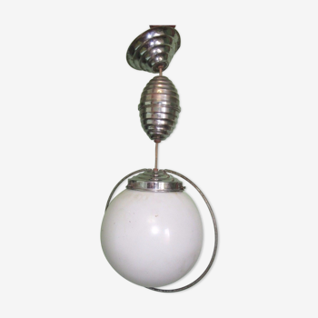 Ancien lustre de 1940 Bauhaus chrome et opaline