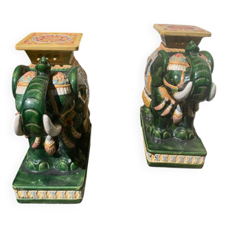 Lot of 2 vintage glazed ceramic elephants.