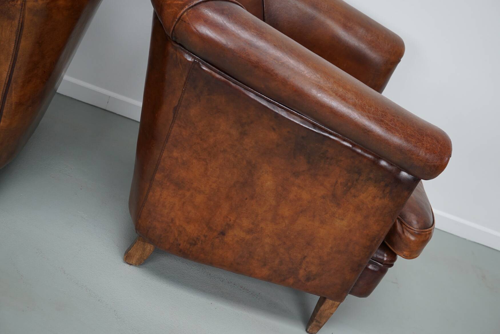 Vintage Dutch cognac coloured leather club chair, set of 2 with footstool