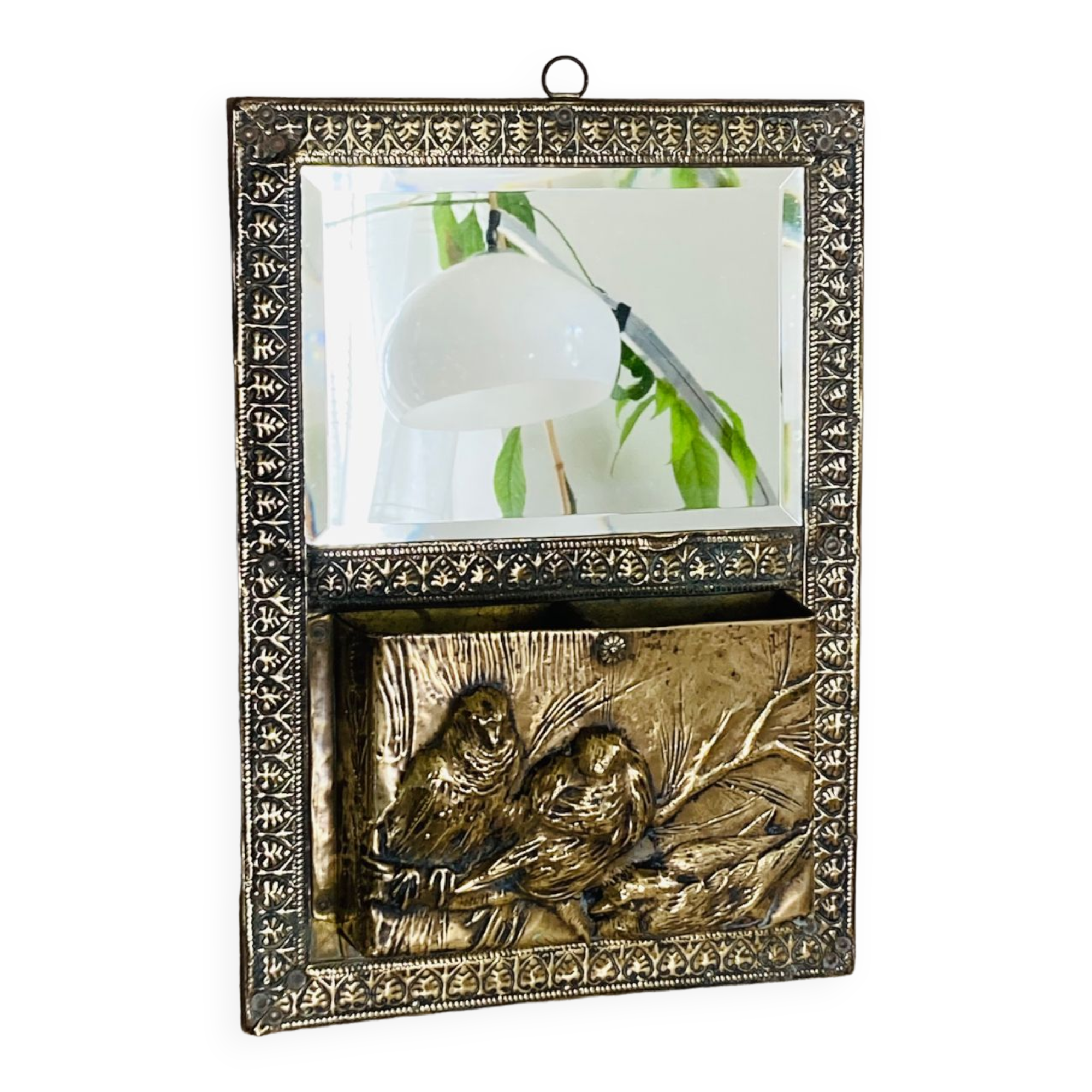 Art Nouveau mail rack in brass repelled beveled mirror early twentieth century
