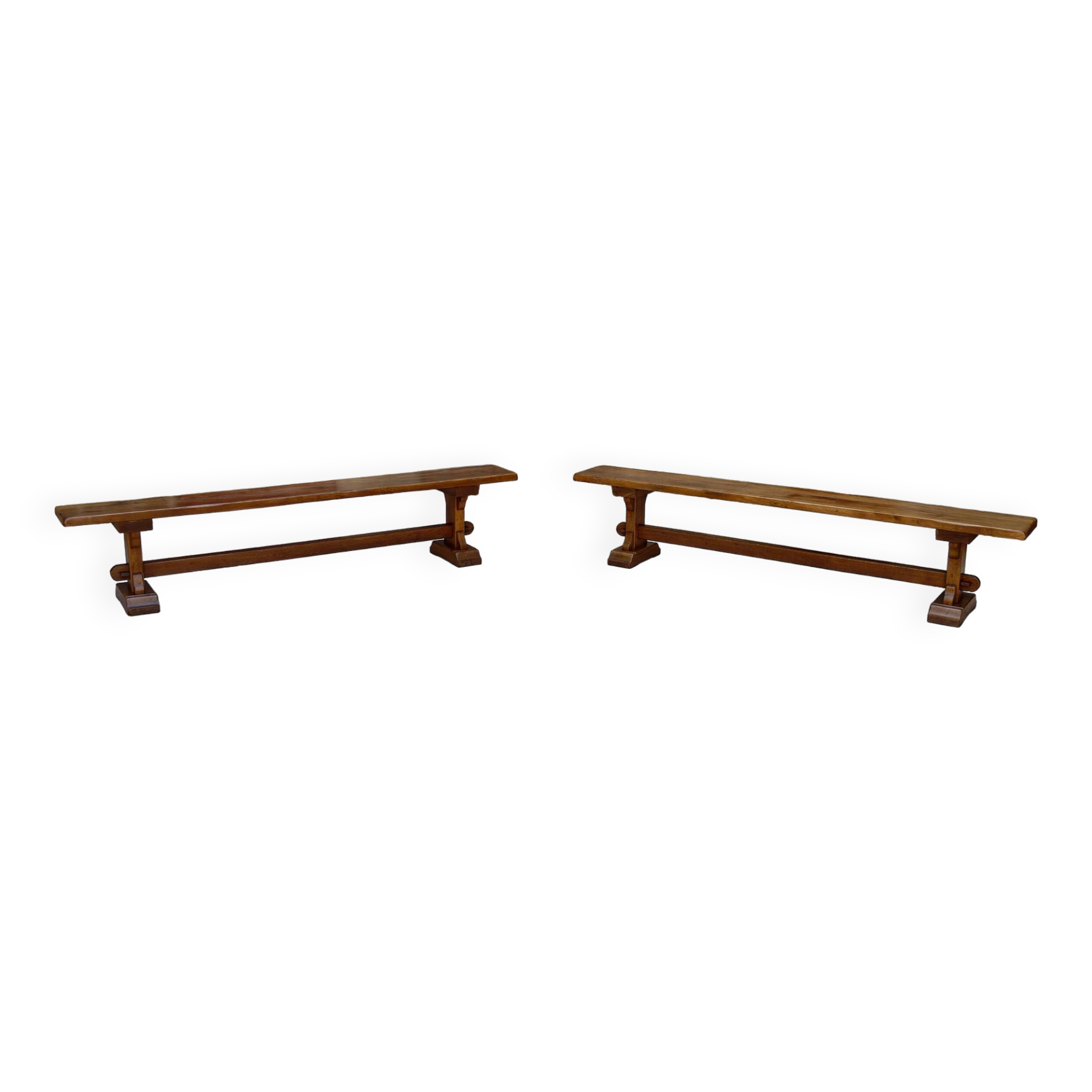 Pair of oak monastic community benches, France, early 20th century