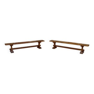 Pair of oak monastic community benches, France, early 20th century