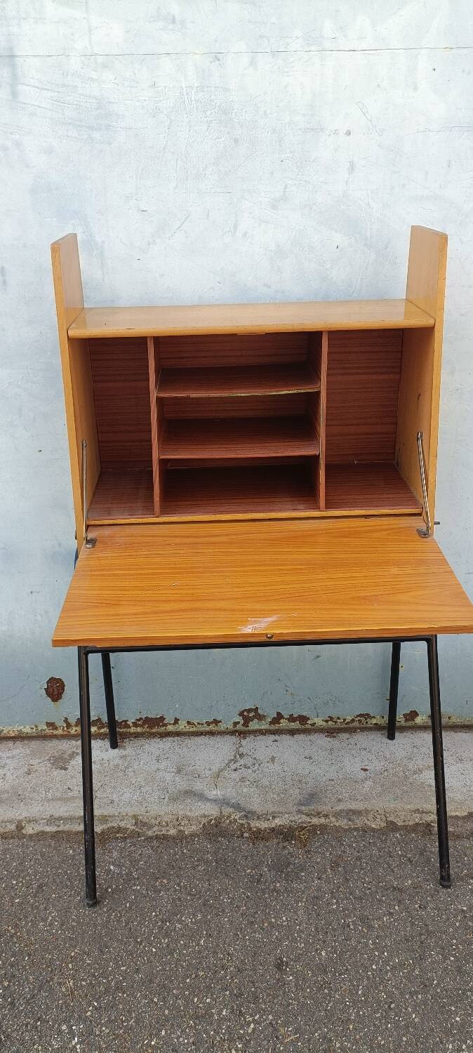 Vintage light oak secretary desk with metal base