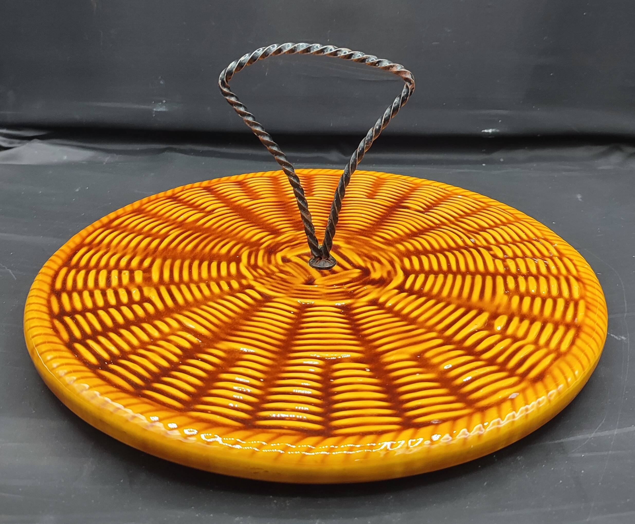 Vintage Vallauris plate, glazed ceramic in wicker style.