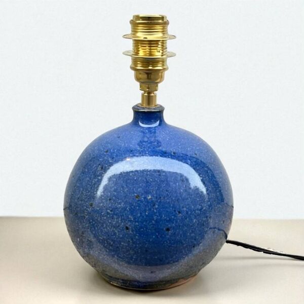 Lampe en grés vintage signée Colette Houtmann 1980 abat-jour corde raphia