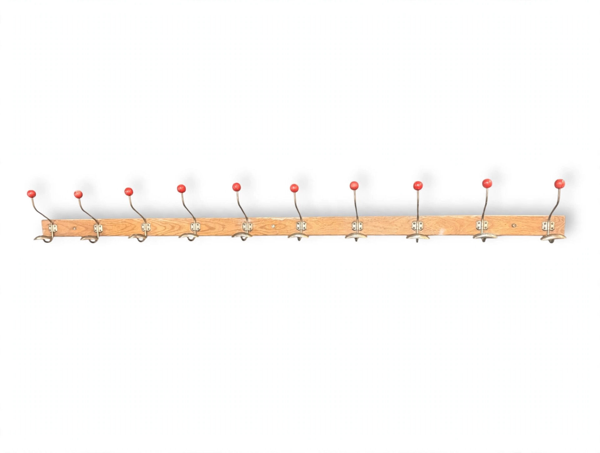 school coat rack / changing room with 10 red ball hooks