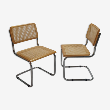 Set of 2 tubular frame and cane cantilever dining chairs Breuer, Italy, 1970s
