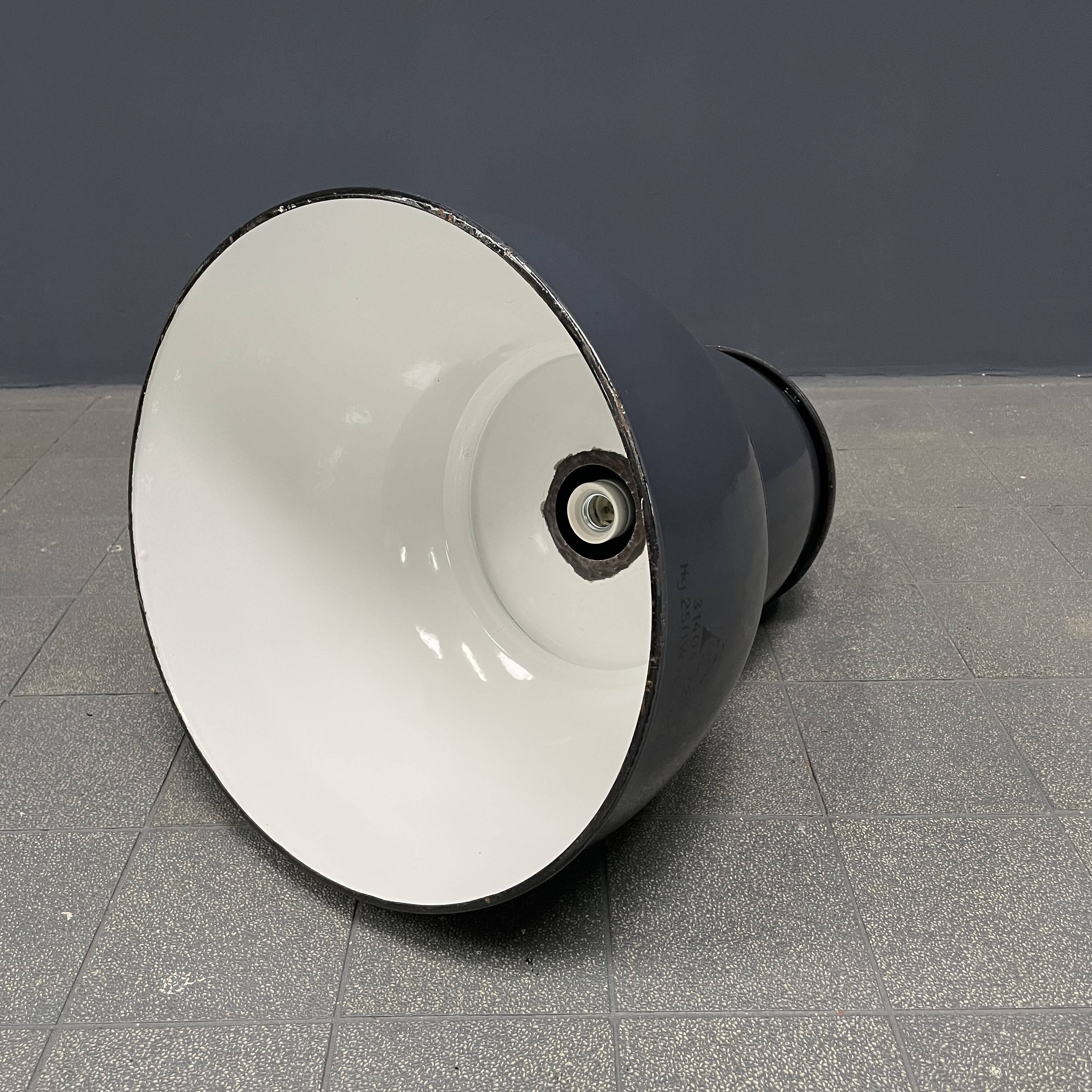 Large old industrial blue-gray enamel pendant lamp