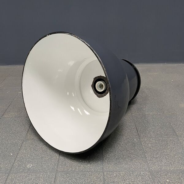 Grande lampe à suspension industrielle ancienne en émail bleu-gris