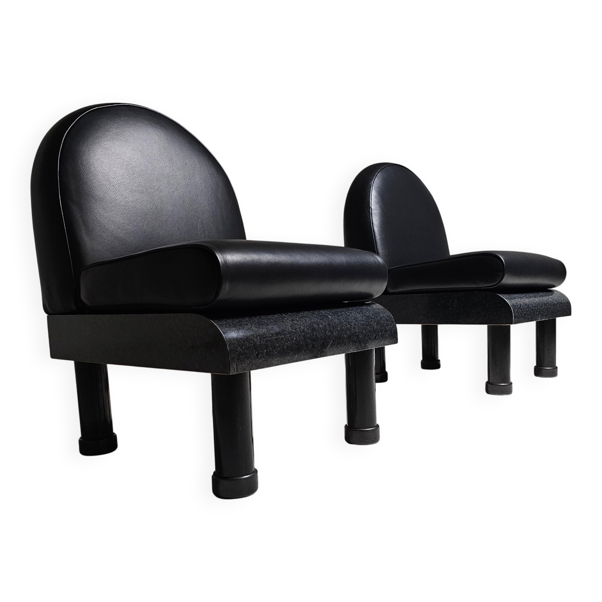 Black leather loungers in the style of The Brisk One by Ettore Sottsass, 1980.