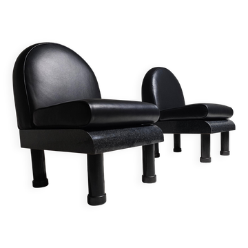 Chaises longues en cuir noir de style The Brisk One à la manière d'Ettore Sottsass, 1980