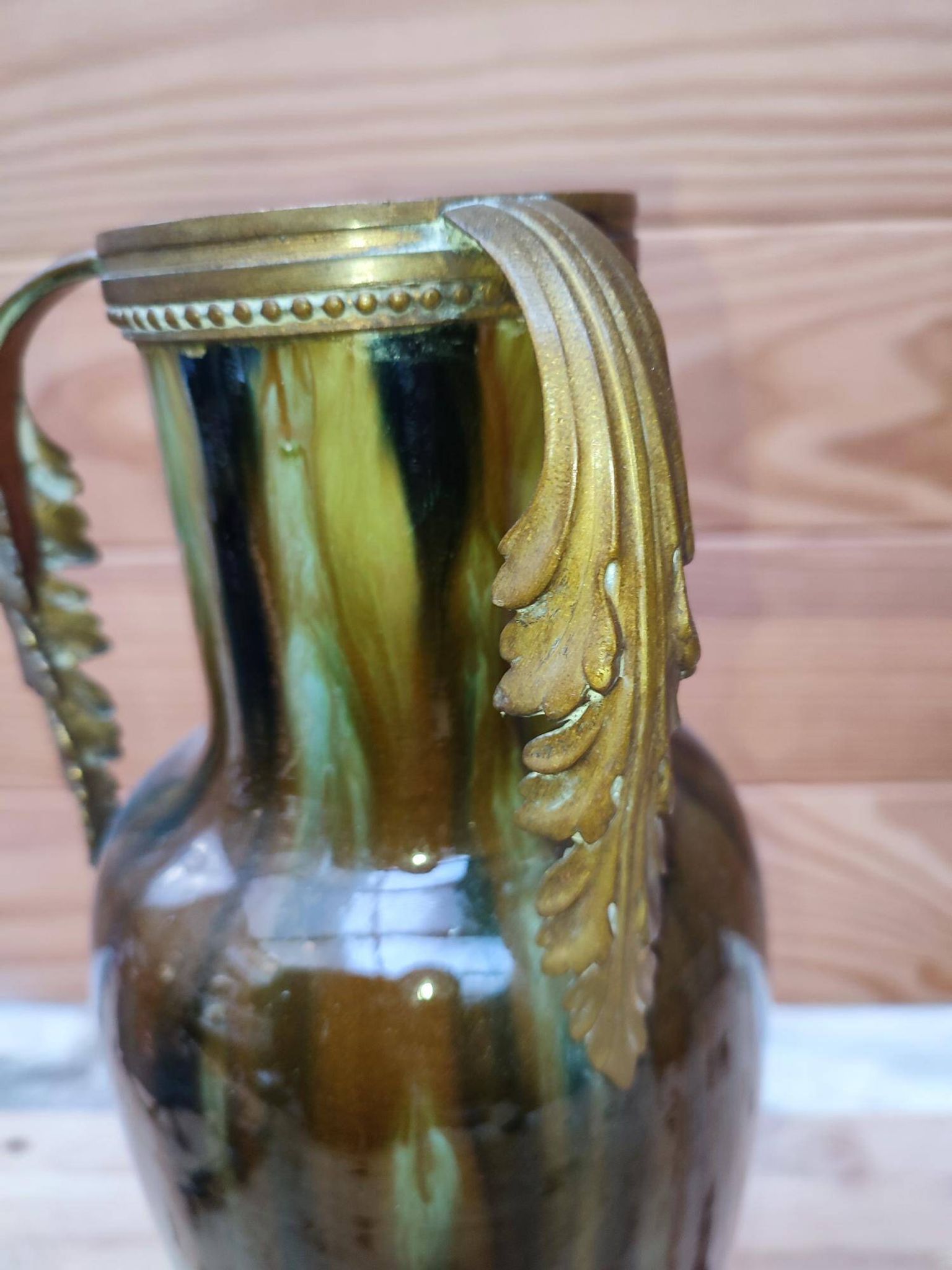 Ceramic vase with dripping in the style of jerome massier or belgian work with bronze handles