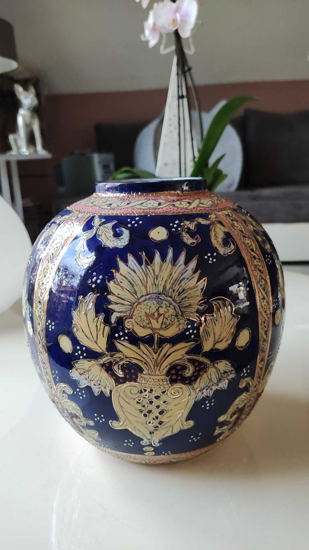 Handcrafted Chinese vase shaped ball in enamelled ceramic. Floral motifs/Ribboned friezes