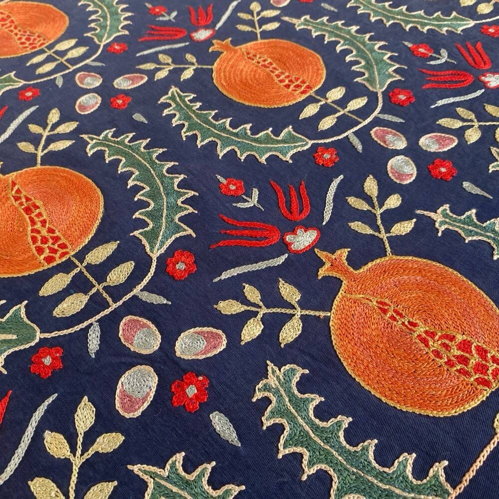 Silk Embroidered Pomegranate Design Cushion Cover. Navy Blue Throw Pillow Case. Traditional Accent Pillow