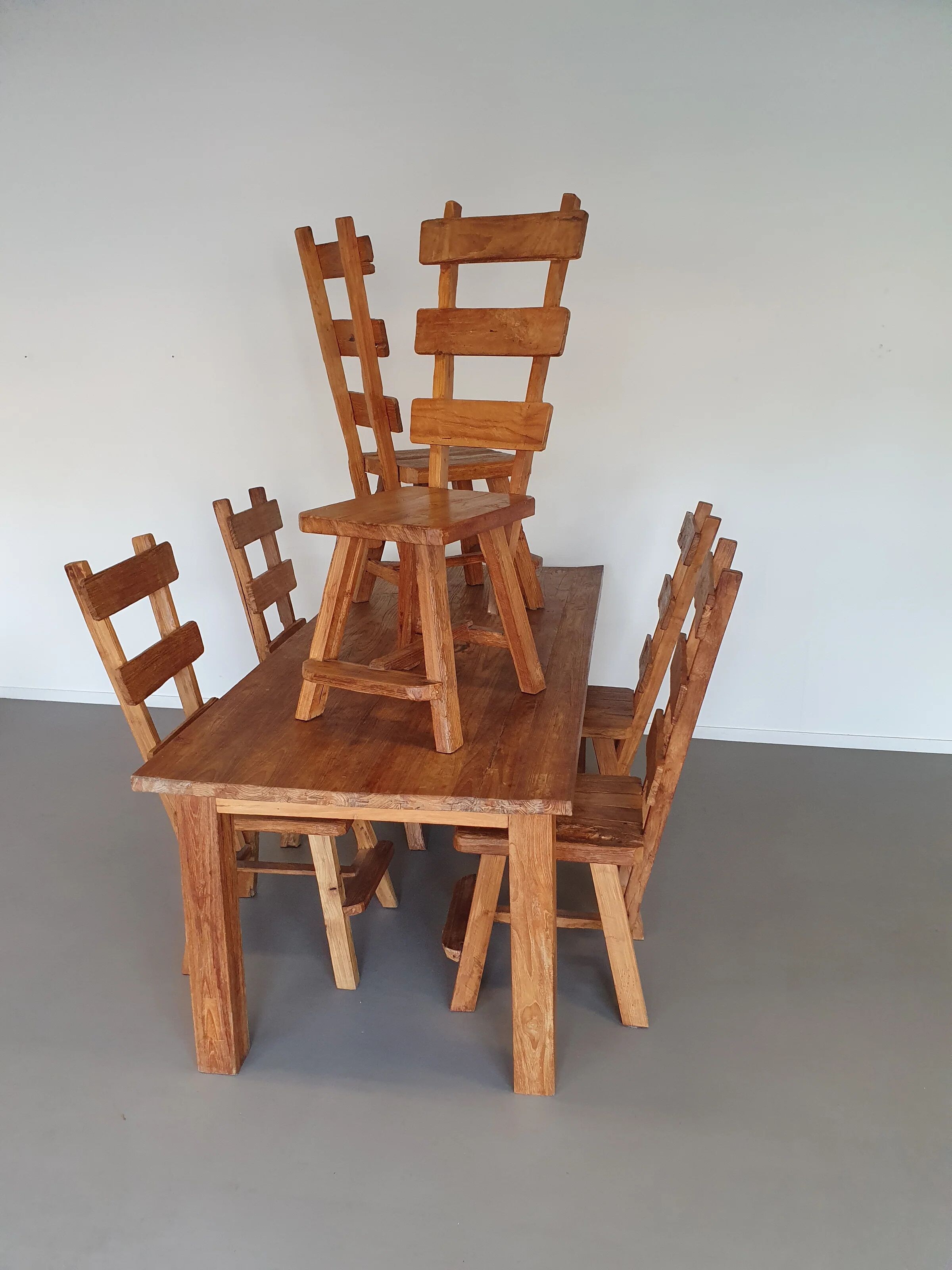 Olm wood brutalist wabi sabi dining set / 6 chairs / table