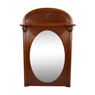 Art nouveau trumeau mirror in carved walnut, circa 1910