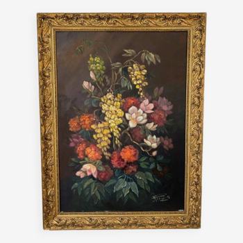 Huile sur toile par Picquet nature morte bouquet de fleurs 1930
