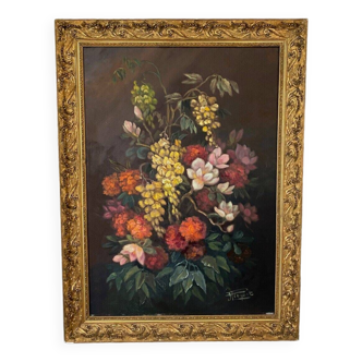Huile sur toile par Picquet nature morte bouquet de fleurs 1930