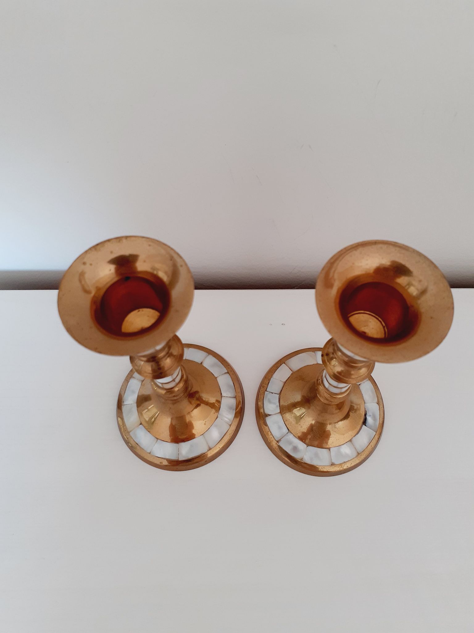 Pair of golden brass and mother-of-pearl candle holders