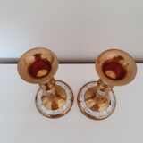 Pair of golden brass and mother-of-pearl candle holders