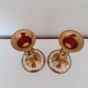 Pair of golden brass and mother-of-pearl candle holders