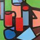 Peinture à l’huile de nature morte cubiste suédoise vintage moderne du milieu du siècle « Nature morte géométrique », encadrée