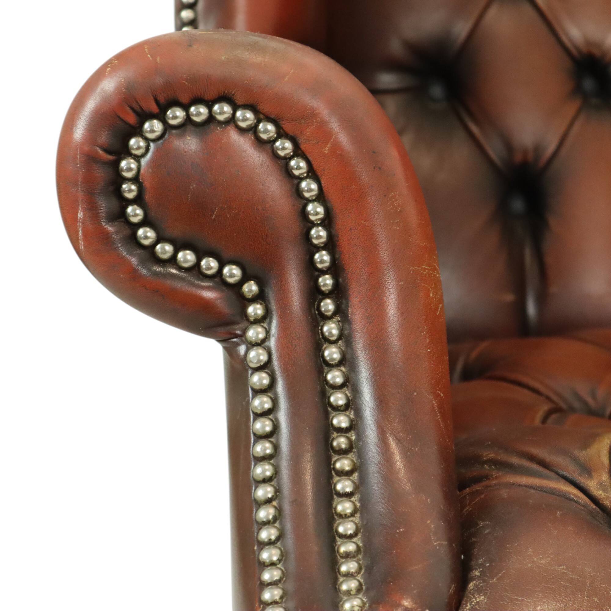 Antique Chesterfield armchair Brown leather wingback chair
